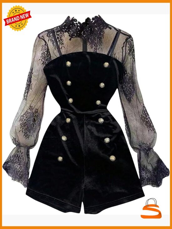 Pants - Lace Mesh Long Flounce Sleeve Velvet Romper Jumpsuit Pull On